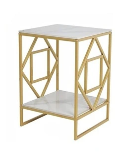 Golden Geometric End Table With White Marble Top And Shelf