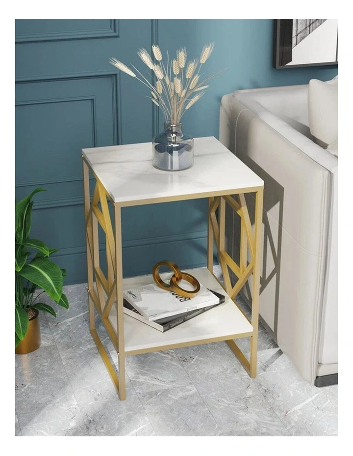 Golden Geometric End Table With White Marble Top And Shelf image 2