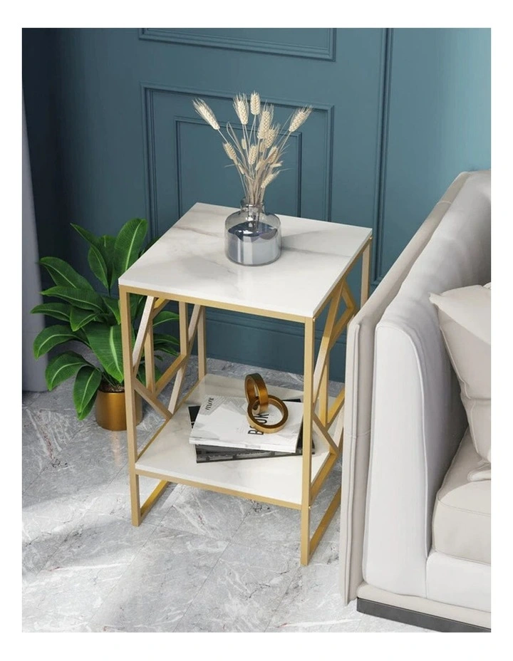 Golden Geometric End Table With White Marble Top And Shelf image 3