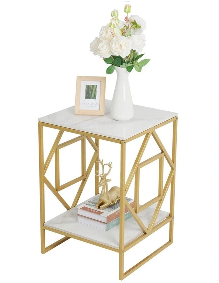 Golden Geometric End Table With White Marble Top And Shelf image 4