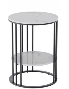 Black Round End Table With Double Marble Shelves And Metal Frame