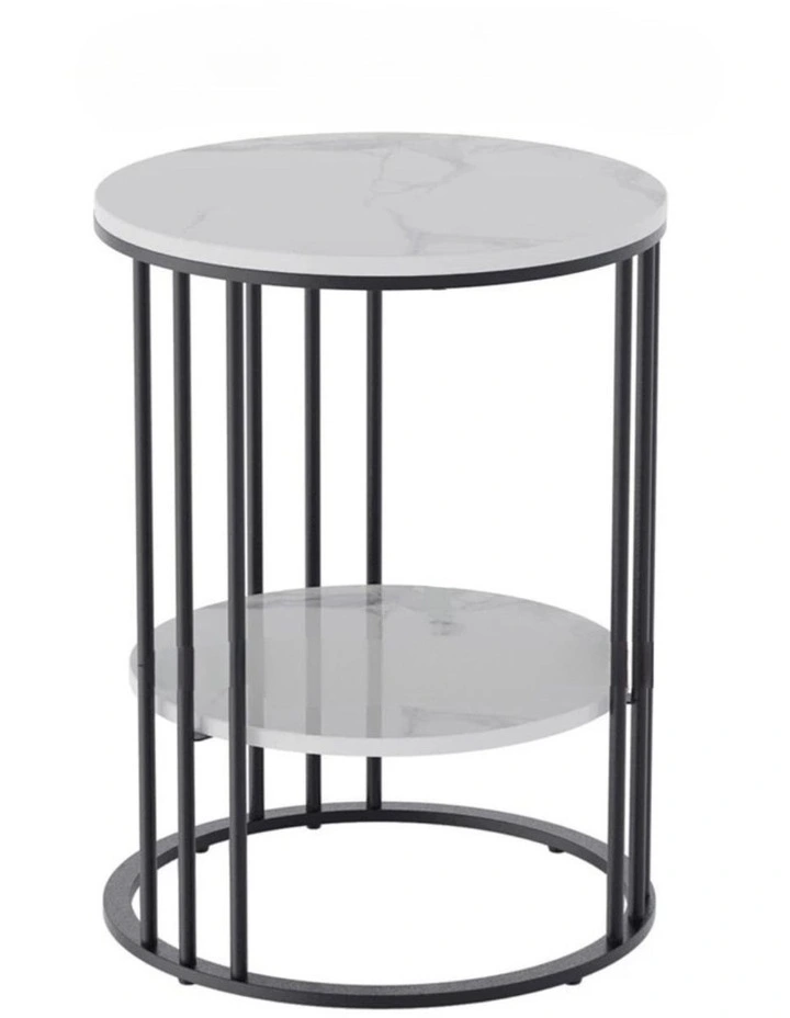 Black Round End Table With Double Marble Shelves And Metal Frame image 1