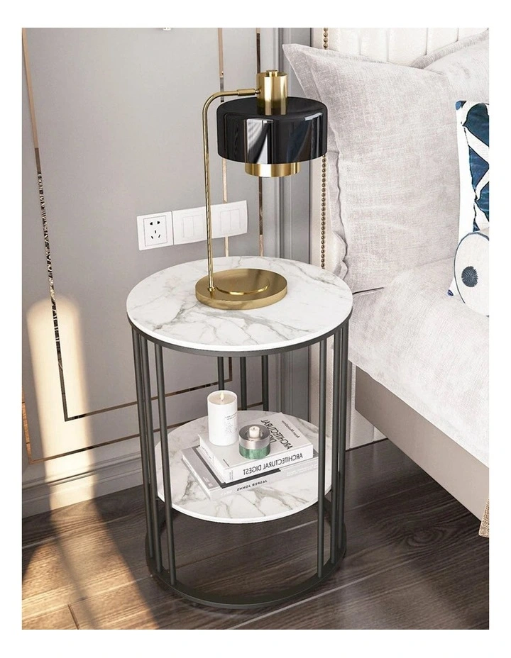 Black Round End Table With Double Marble Shelves And Metal Frame image 2
