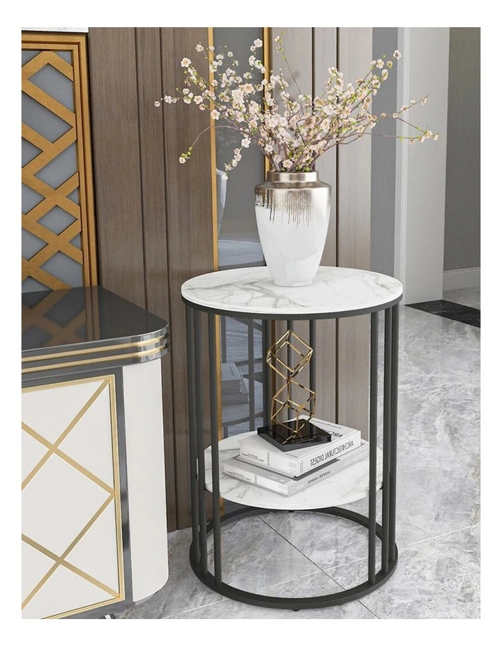 Black Round End Table With Double Marble Shelves And Metal Frame image 3