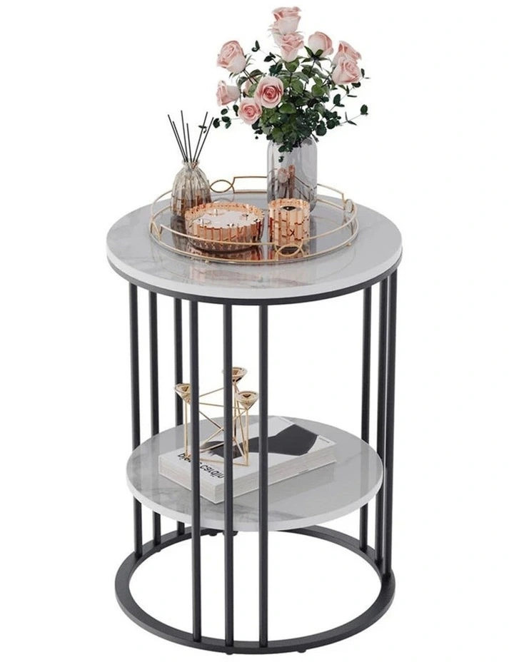 Black Round End Table With Double Marble Shelves And Metal Frame image 4