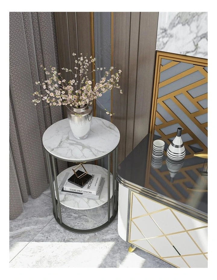 Black Round End Table With Double Marble Shelves And Metal Frame image 5