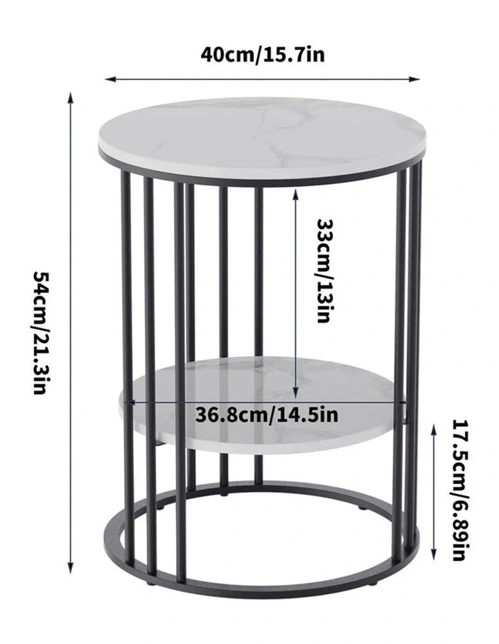 Black Round End Table With Double Marble Shelves And Metal Frame image 7