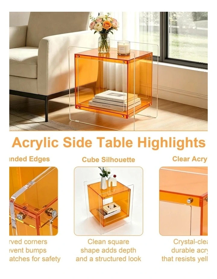 Orange Acrylic End Table Modern Cube Storage Side Table With Shelf image 4