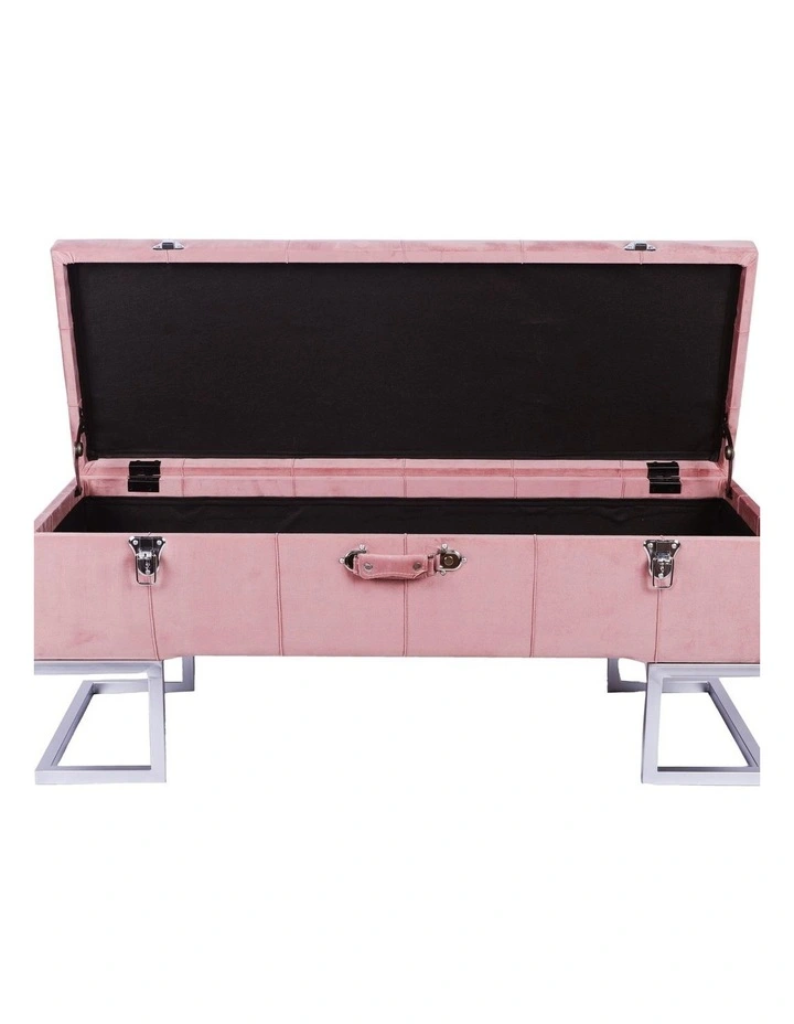 Luxurious Pink Velvet Storage Ottoman with Silver Iron Base 105x40x42cm image 2