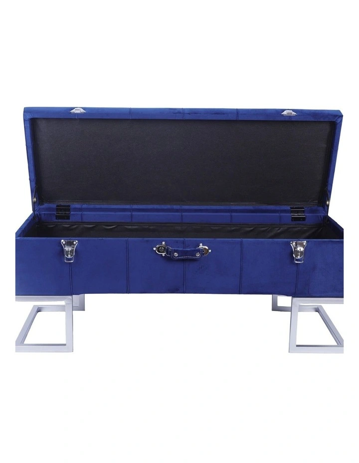 Elegant Dark Blue Velvet Storage Ottoman with Silver Iron Base 105x40x42cm image 2