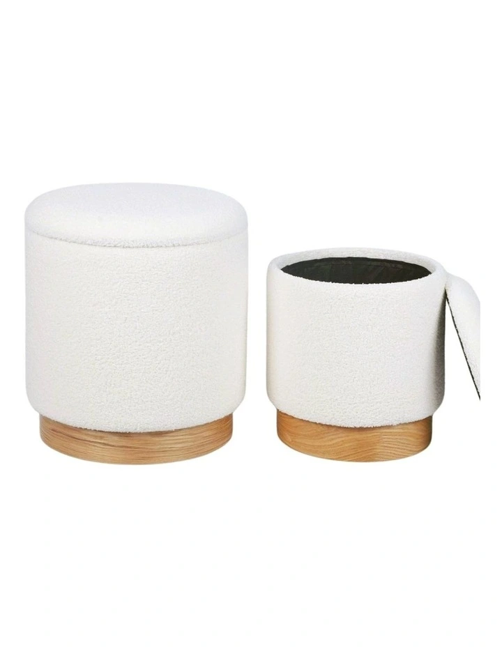 White Set Of Two Sherpa Fur Storage Ottoman with Wood Base image 1
