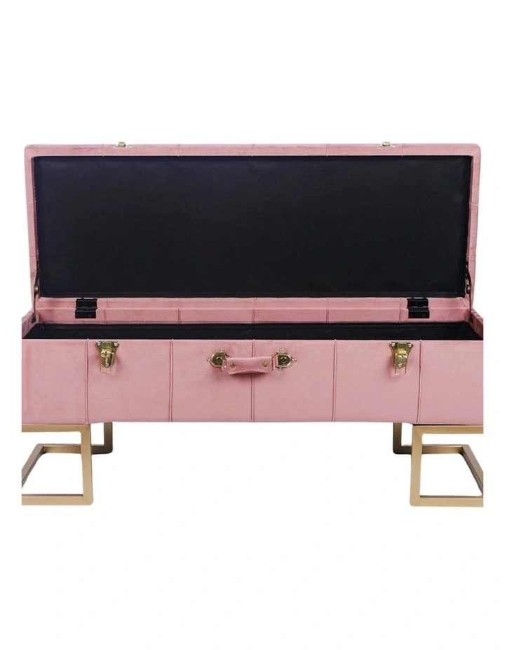 Glamorous Pink Velvet Storage Ottoman with Gold Iron Base 105x40x42cm image 2