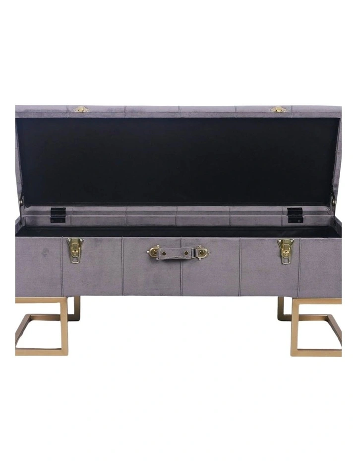 Sophisticated Grey Velvet Storage Ottoman with Gold Iron Base 105x40x42cm image 2