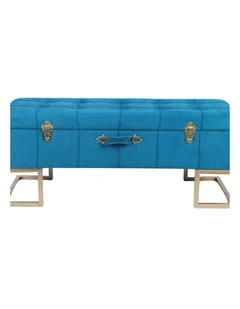 Vibrant Peacock Blue Velvet Storage Ottoman with Gold Iron Base 105x40x42cm