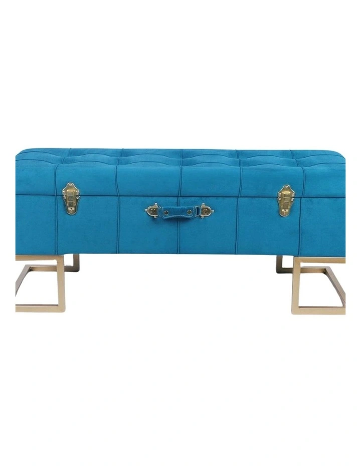 Vibrant Peacock Blue Velvet Storage Ottoman with Gold Iron Base 105x40x42cm image 1