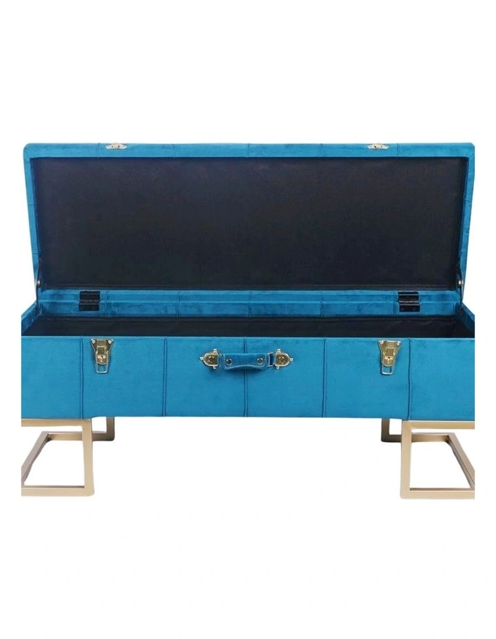 Vibrant Peacock Blue Velvet Storage Ottoman with Gold Iron Base 105x40x42cm image 2