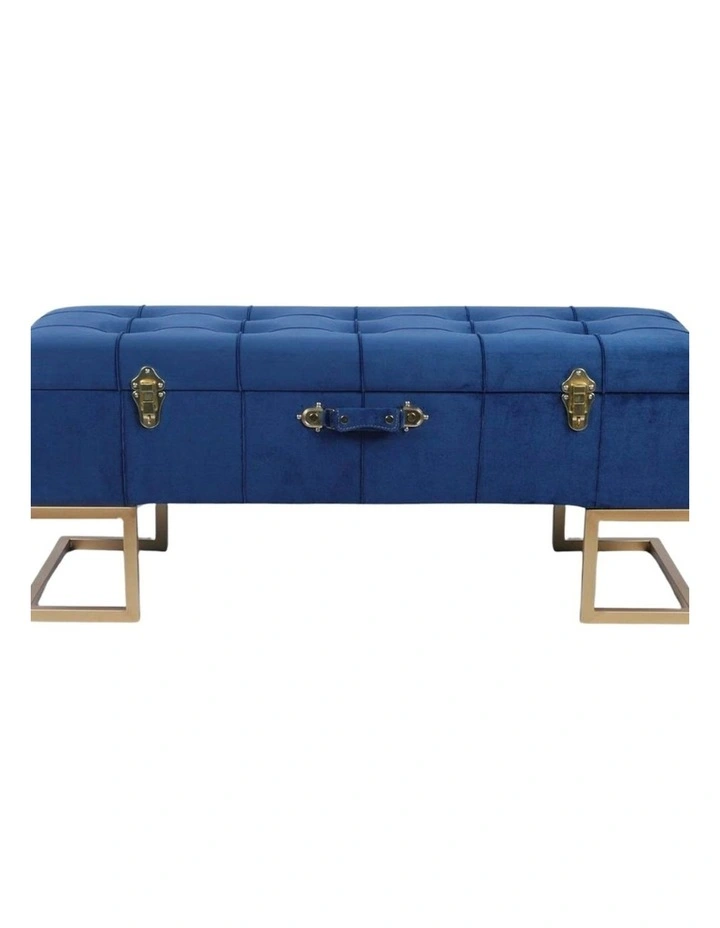 Regal Dark Blue Velvet Storage Ottoman with Gold Iron Base 105x40x42cm image 1