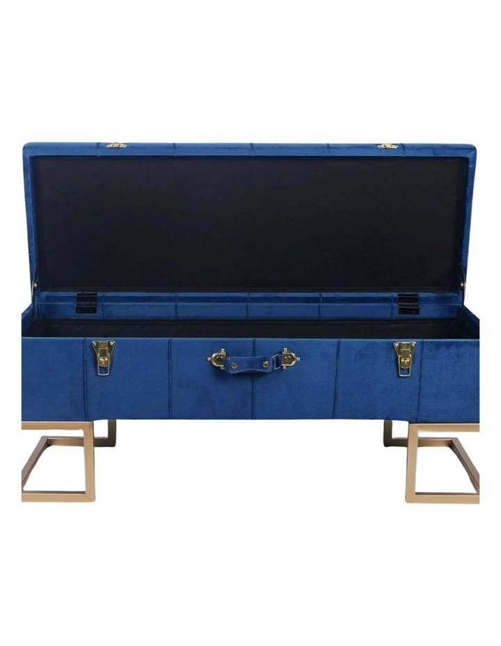 Regal Dark Blue Velvet Storage Ottoman with Gold Iron Base 105x40x42cm image 2