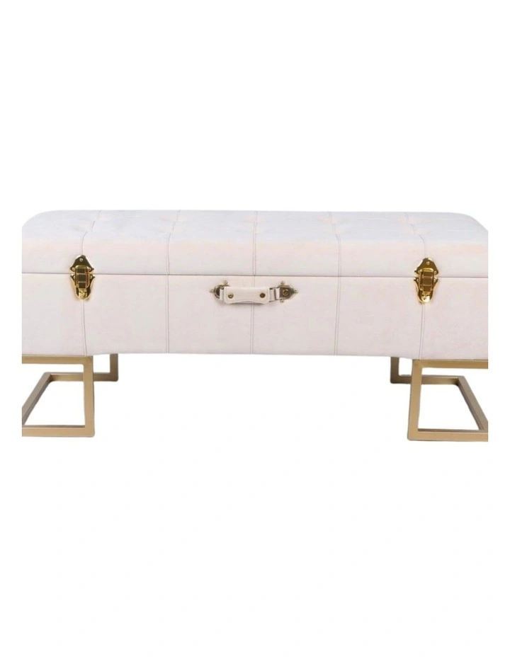 Chic Cream Velvet Storage Ottoman with Gold Iron Base 105x40x42cm image 1