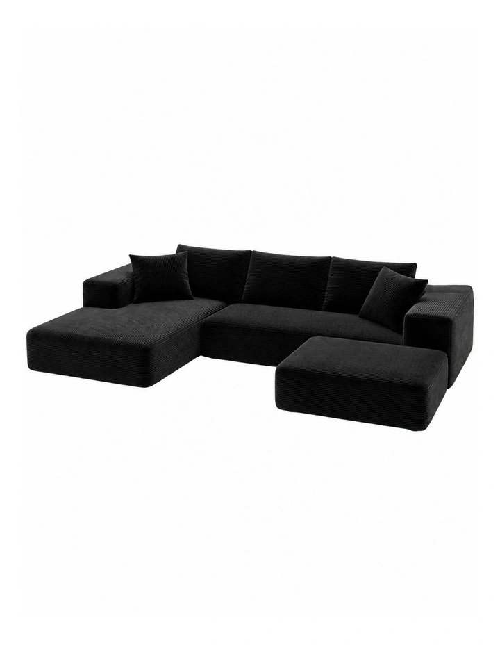 HOMFURN 275cm U-Shaped Modular Sofa Bed Frameless Cloud Design, 30D Foam, Black Corduroy, Ottoman, image 1