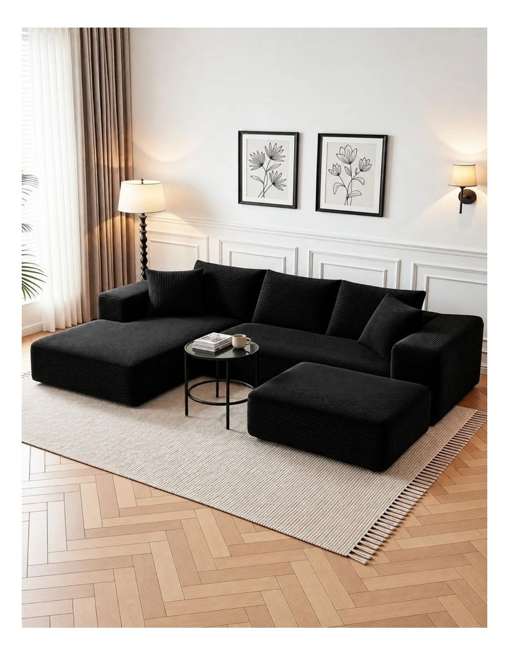 HOMFURN 275cm U-Shaped Modular Sofa Bed Frameless Cloud Design, 30D Foam, Black Corduroy, Ottoman, image 2