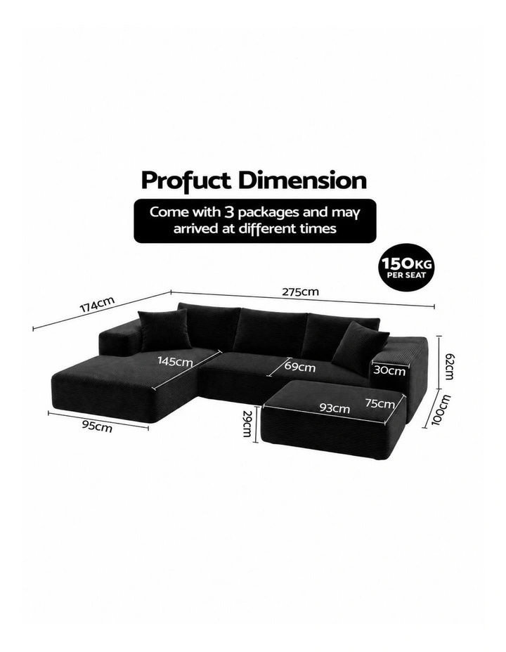 HOMFURN 275cm U-Shaped Modular Sofa Bed Frameless Cloud Design, 30D Foam, Black Corduroy, Ottoman, image 4