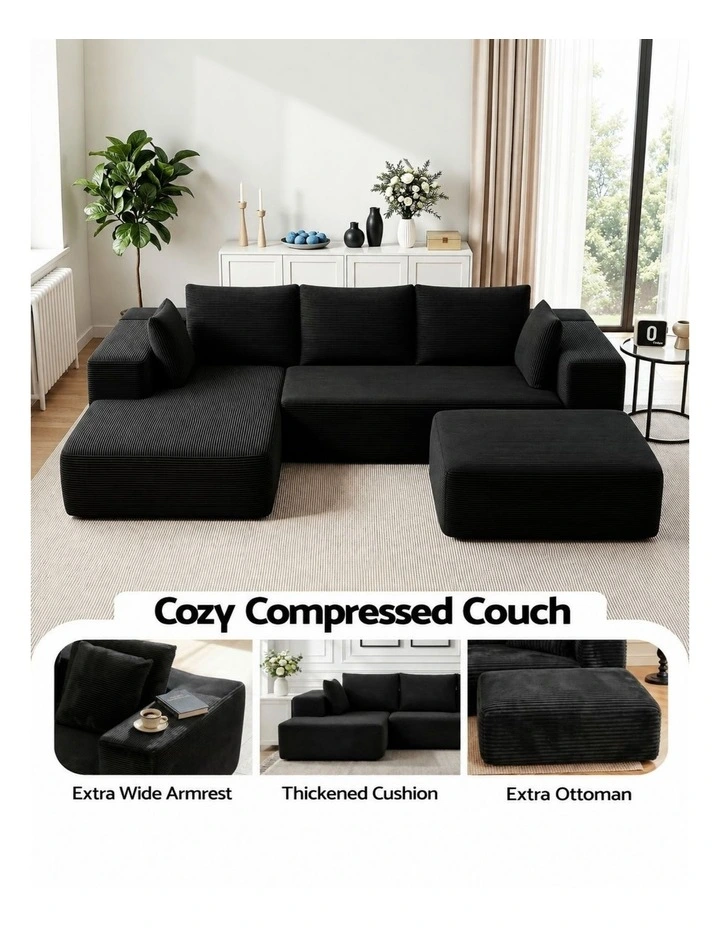 HOMFURN 275cm U-Shaped Modular Sofa Bed Frameless Cloud Design, 30D Foam, Black Corduroy, Ottoman, image 5