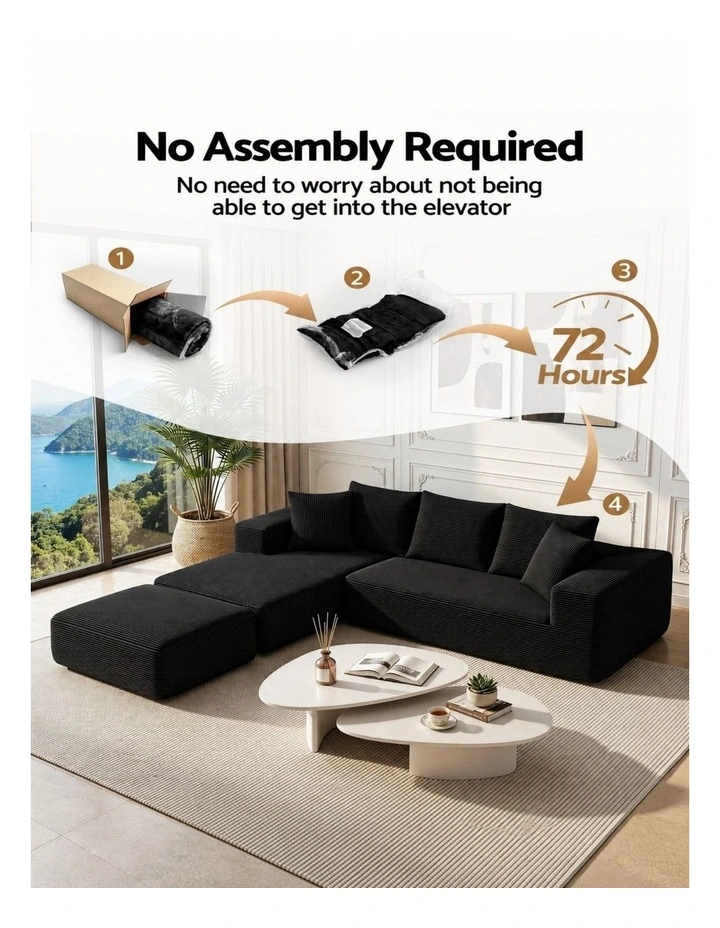 HOMFURN 275cm U-Shaped Modular Sofa Bed Frameless Cloud Design, 30D Foam, Black Corduroy, Ottoman, image 6