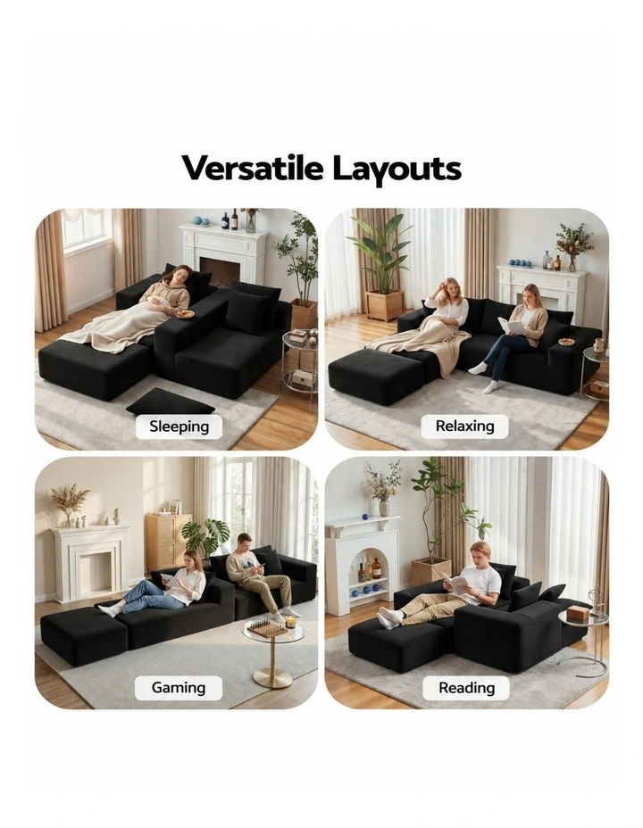 HOMFURN 275cm U-Shaped Modular Sofa Bed Frameless Cloud Design, 30D Foam, Black Corduroy, Ottoman, image 7