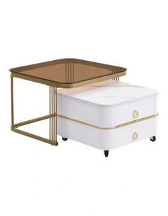 2-Piece Nesting Coffee Table Set with 2-Drawer Rolling Storage Table,White