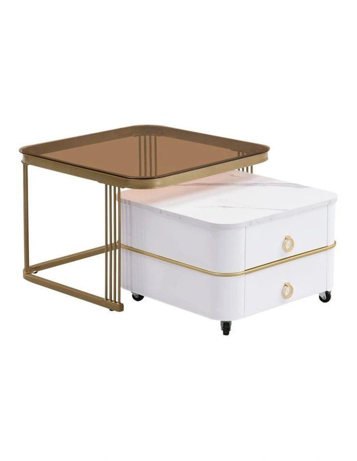 2-Piece Nesting Coffee Table Set with 2-Drawer Rolling Storage Table,White image 1