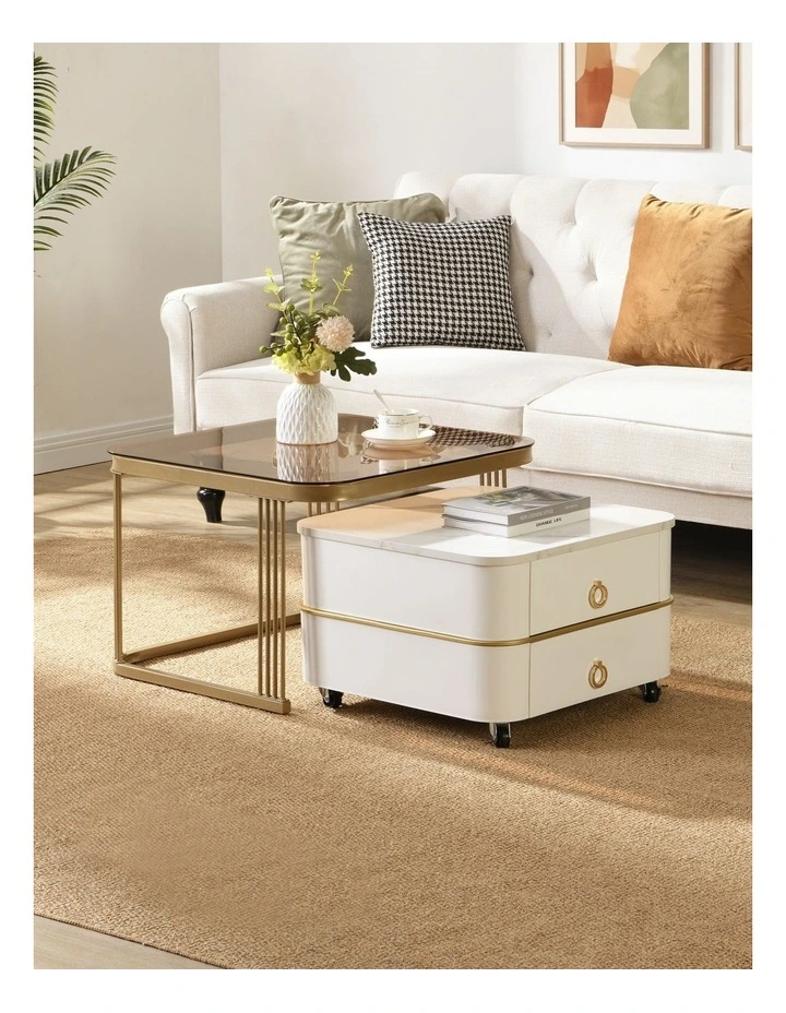 2-Piece Nesting Coffee Table Set with 2-Drawer Rolling Storage Table,White image 2