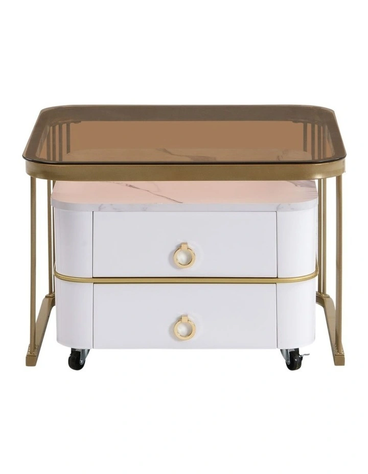 2-Piece Nesting Coffee Table Set with 2-Drawer Rolling Storage Table,White image 3