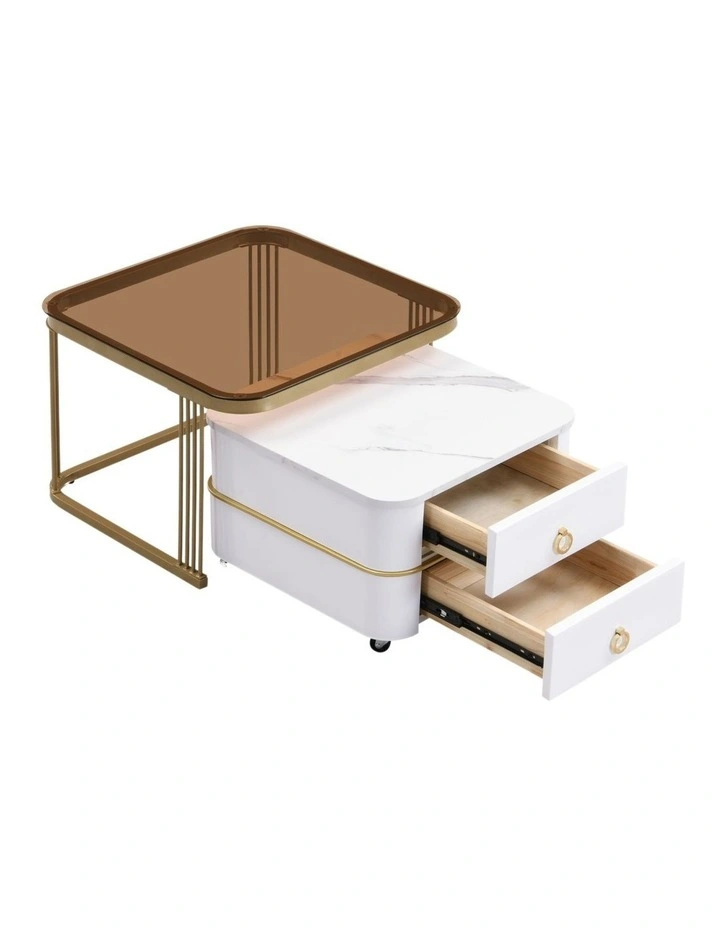 2-Piece Nesting Coffee Table Set with 2-Drawer Rolling Storage Table,White image 4