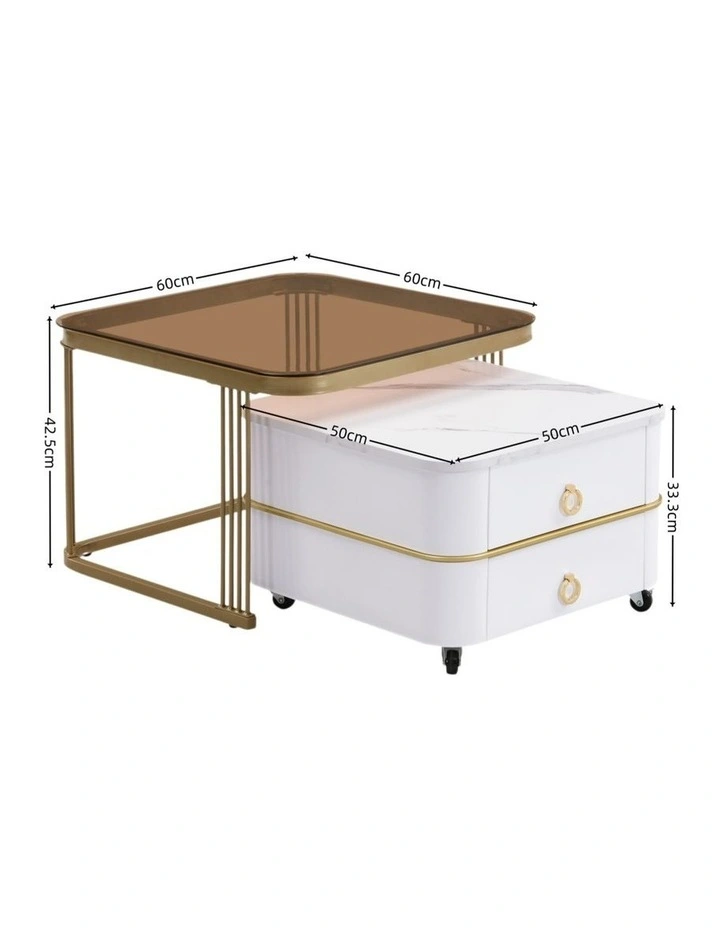 2-Piece Nesting Coffee Table Set with 2-Drawer Rolling Storage Table,White image 7