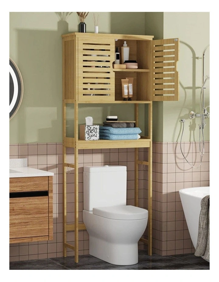 Large Over-Toilet Bamboo Storage Cabinet With Tower Shelf image 3