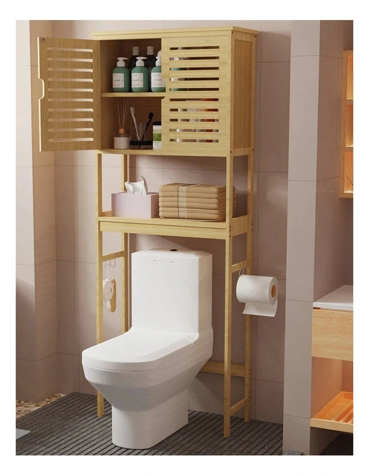 Large Over-Toilet Bamboo Storage Cabinet With Tower Shelf image 5