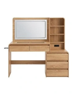 Dressing Table with LED Mirror, Charging Station & 5 Drawers, Wood Vanity Desk with Hairdryer Holder