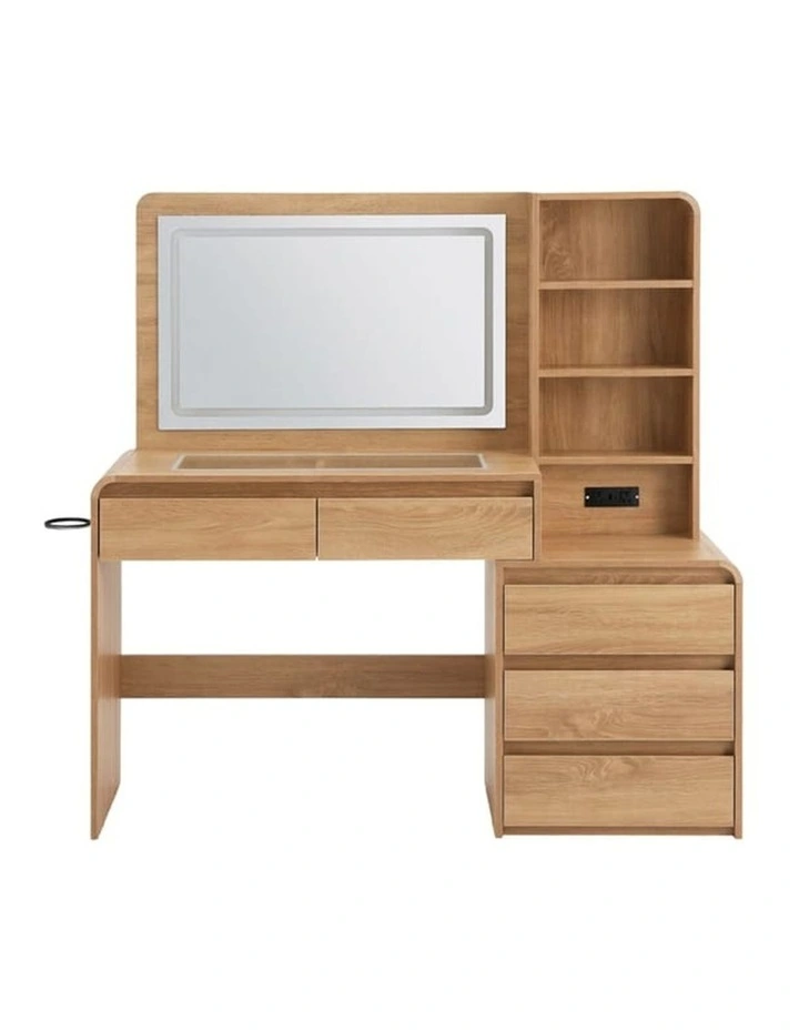 Dressing Table with LED Mirror, Charging Station & 5 Drawers, Wood Vanity Desk with Hairdryer Holder image 1