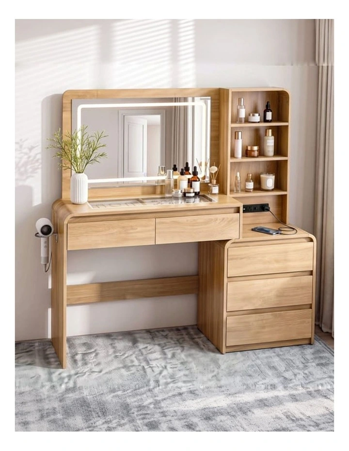 Dressing Table with LED Mirror, Charging Station & 5 Drawers, Wood Vanity Desk with Hairdryer Holder image 2
