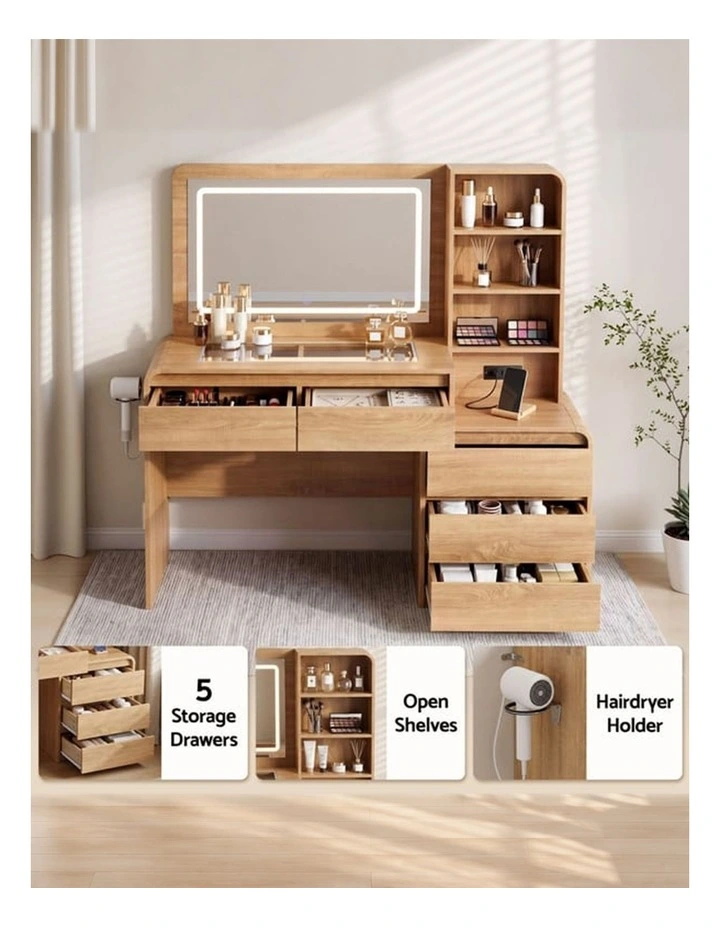 Dressing Table with LED Mirror, Charging Station & 5 Drawers, Wood Vanity Desk with Hairdryer Holder image 5