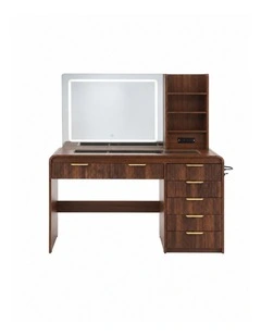 HOMFURN Walnut Dressing Table with LED Mirror, Charging Station & 7 Drawers, 120cm