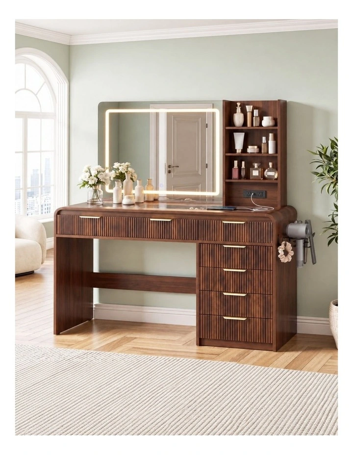 HOMFURN Walnut Dressing Table with LED Mirror, Charging Station & 7 Drawers, 120cm image 2