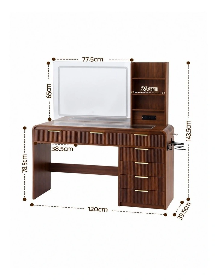 HOMFURN Walnut Dressing Table with LED Mirror, Charging Station & 7 Drawers, 120cm image 3