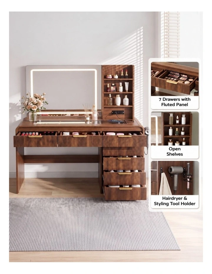 HOMFURN Walnut Dressing Table with LED Mirror, Charging Station & 7 Drawers, 120cm image 5