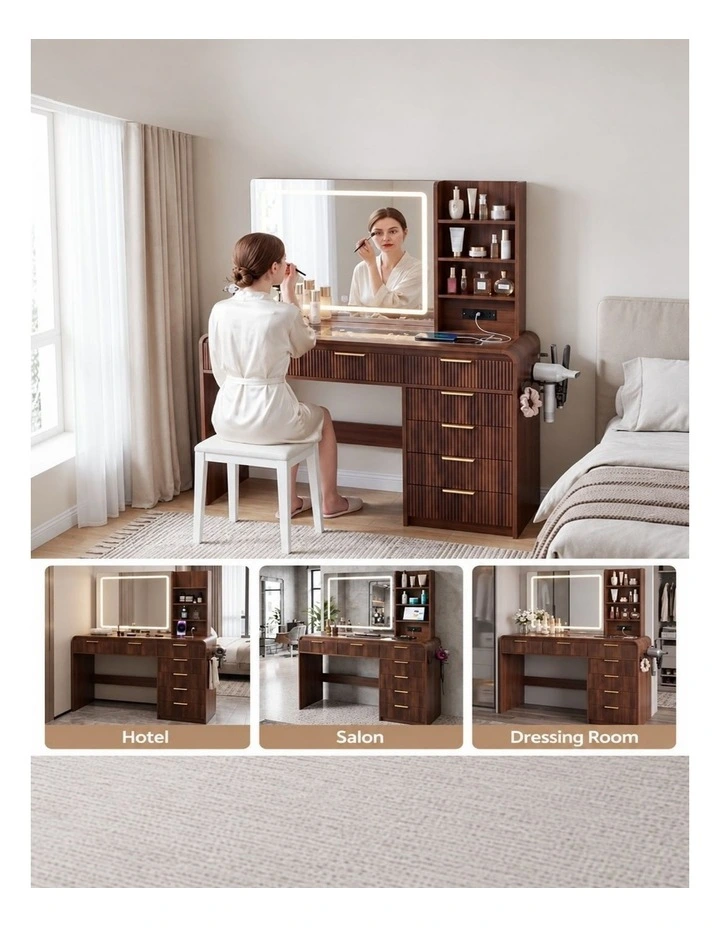 HOMFURN Walnut Dressing Table with LED Mirror, Charging Station & 7 Drawers, 120cm image 6