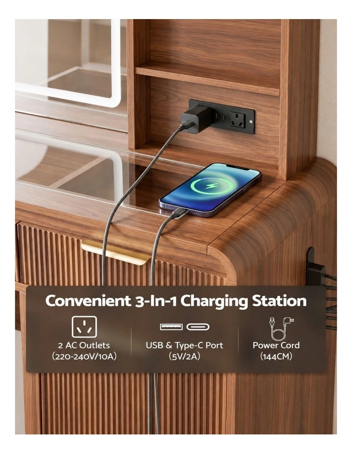 HOMFURN Walnut Dressing Table with LED Mirror, Charging Station & 7 Drawers, 120cm image 7