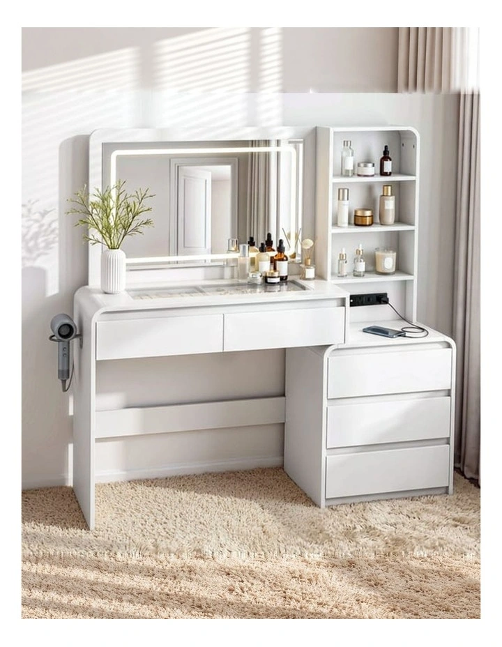HOMFURN White Dressing Table, LED Mirror, Charging Station, 5 Drawers & Hairdryer Holder image 2