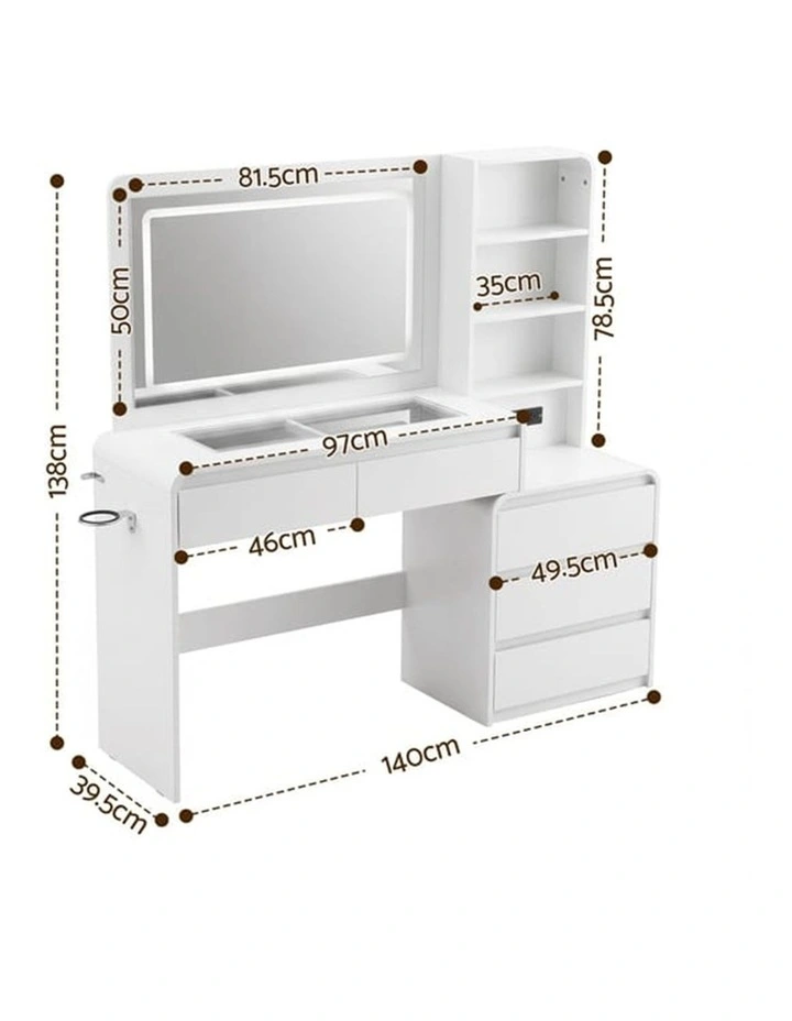 HOMFURN White Dressing Table, LED Mirror, Charging Station, 5 Drawers & Hairdryer Holder image 3