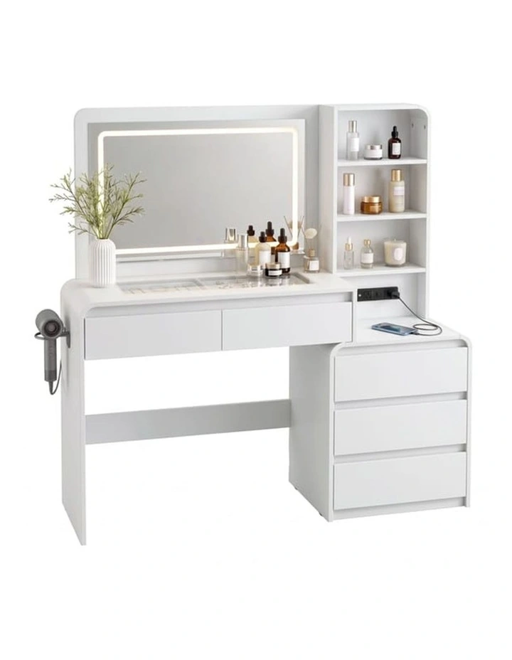 HOMFURN White Dressing Table, LED Mirror, Charging Station, 5 Drawers & Hairdryer Holder image 4